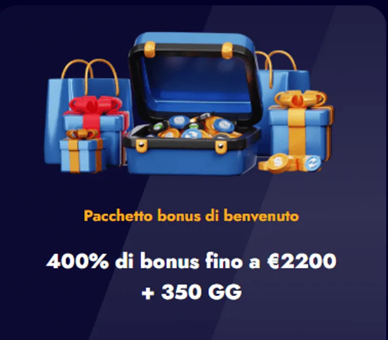 Pacchetto bonus di benvenuto 400 fino a 2200 euro 350 giri gratis
